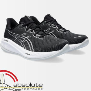 Black running shoes with white trim for men.